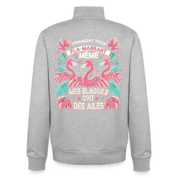 Vraiment trop Fla-marrant humour anniversaire - Sweat zippé unisexe en coton bio Stanley/Stella - gris chiné - Dos - AI Model Male 185 light (185cm)