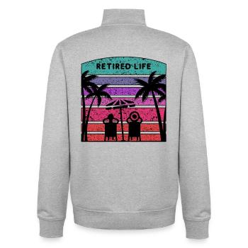 Retired life with beach and palm trees. - Unisex Organic Zip Sweatshirt by Stanley/Stella - heather grey - Back - AI Model Male 185 light (185cm)