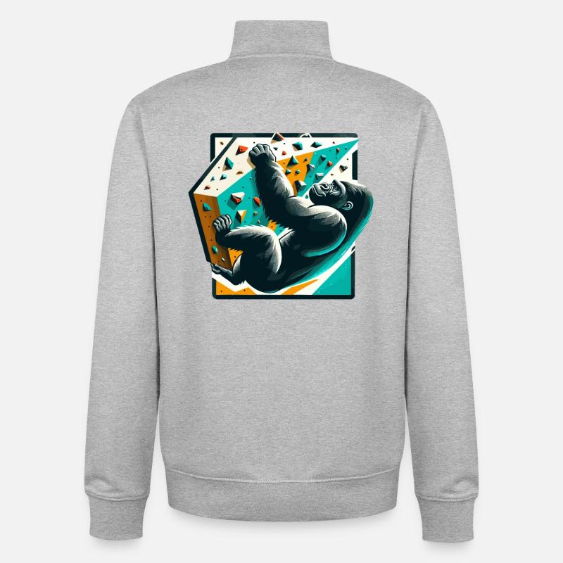 Bouldering Gorilla Gift - Unisex Organic Zip Sweatshirt by Stanley/Stella - heather grey