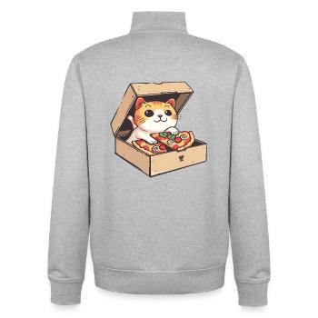 Chat à l’intérieur d’une boîte à pizza tenant une tranche de pizza - Sweat zippé unisexe en coton bio Stanley/Stella - gris chiné - Dos - AI Model Male 185 light (185cm)