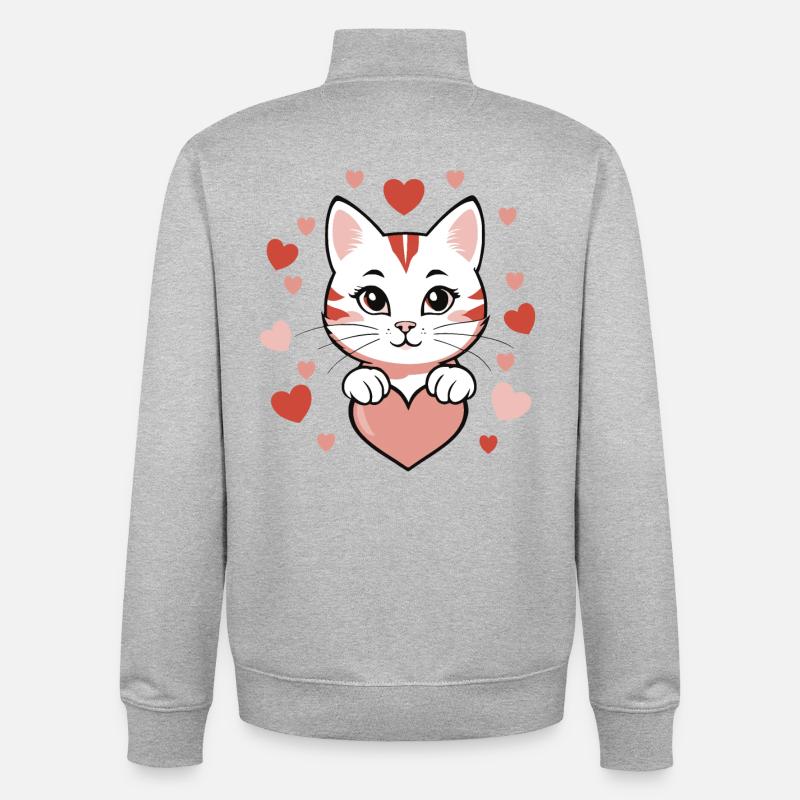 Chat avec des cœurs Amour - Sweat zippé unisexe en coton bio Stanley/Stella - gris chiné