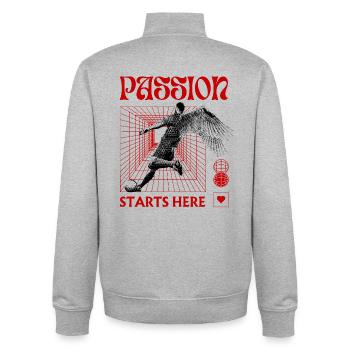 La passion commence ici – Le football dans le rétro-futurisme - Sweat zippé unisexe en coton bio Stanley/Stella - gris chiné - Dos - AI Model Male 185 light (185cm)