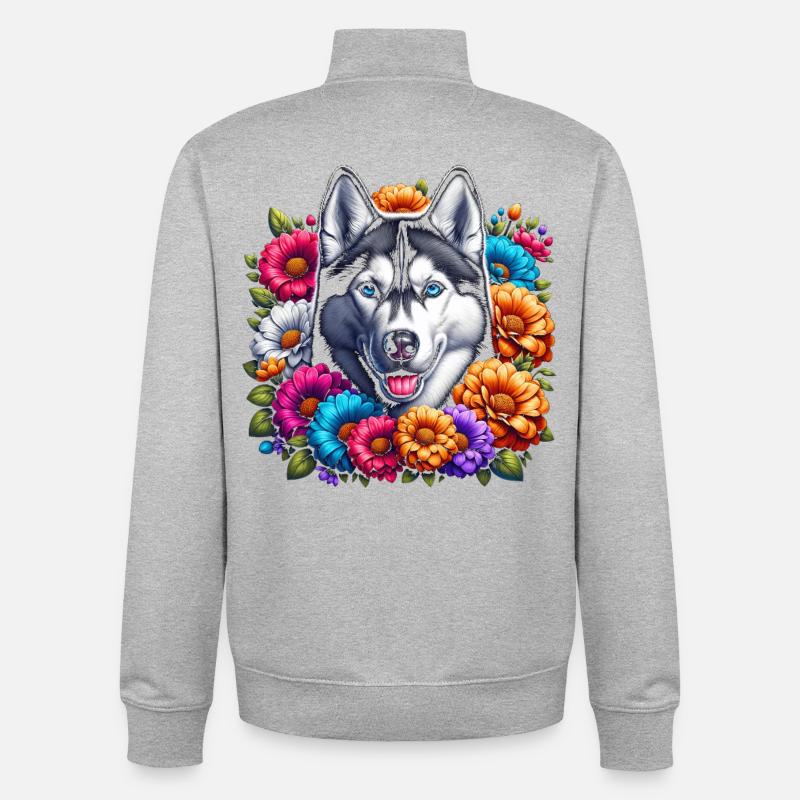 Husky and Floral Pattern - Unisex Organic Zip Sweatshirt by Stanley/Stella - heather grey
