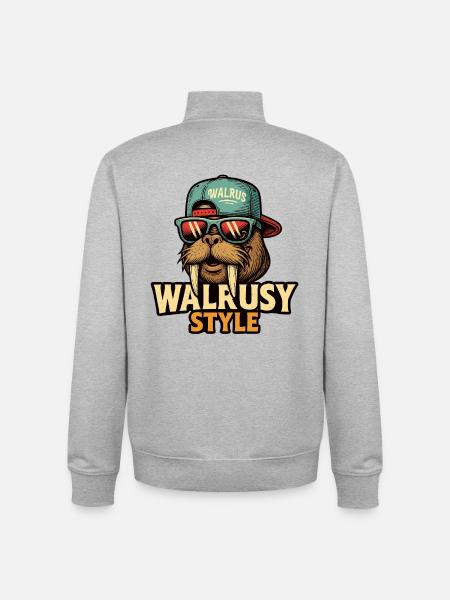 Walrusy Style: Walrus with sunglasses - Unisex Organic Zip Sweatshirt by Stanley/Stella - heather grey
