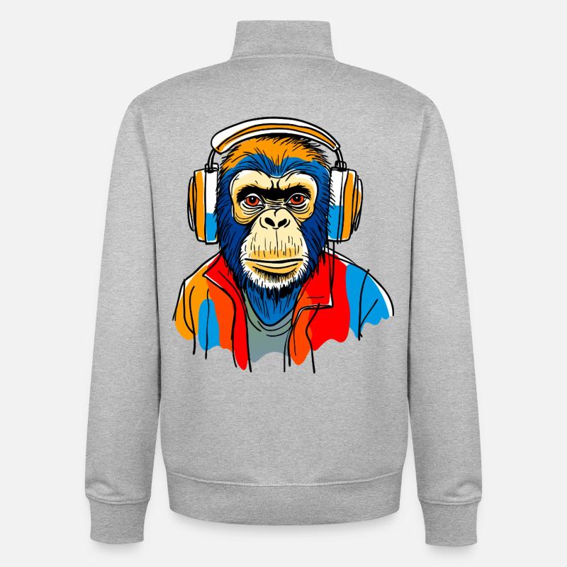 Monkey with headphones - Unisex Organic Zip Sweatshirt by Stanley/Stella - heather grey