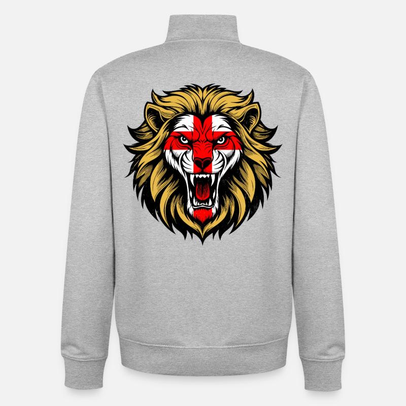 Angleterre George Croix Drapeau Féroce Lion Face Design - Sweat zippé unisexe en coton bio Stanley/Stella - gris chiné