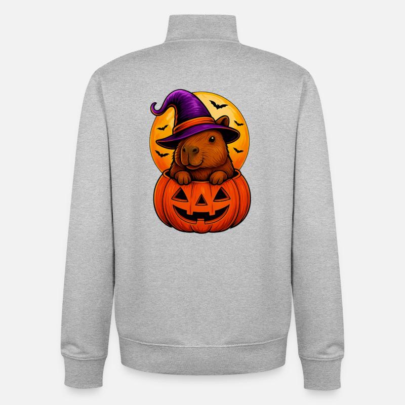 Capybara mignon dans la citrouille d’Halloween - Sweat zippé unisexe en coton bio Stanley/Stella - gris chiné