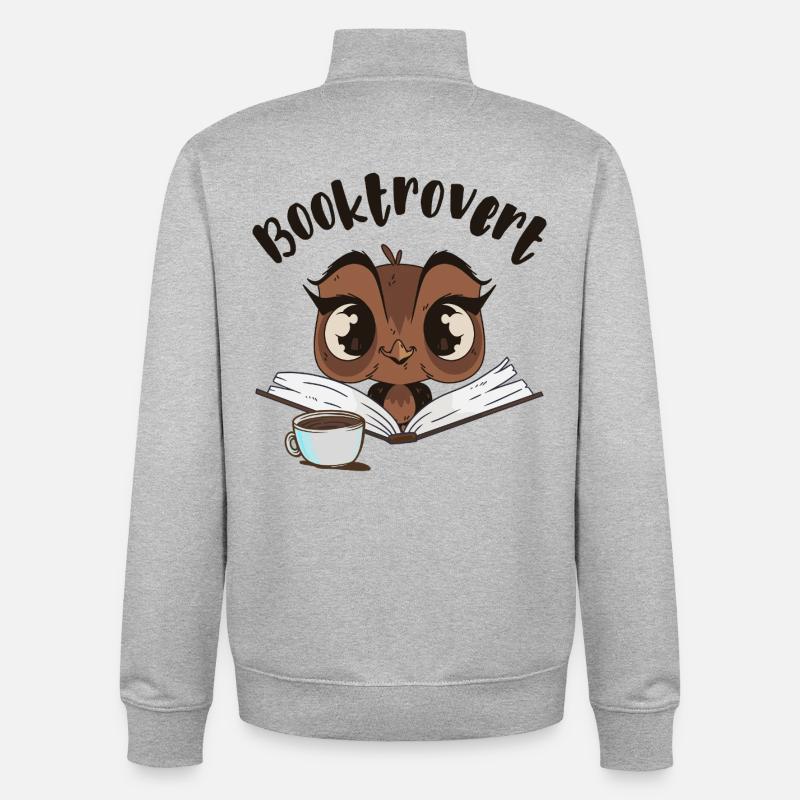 Booktrovert Owl with Book and Coffee - Unisex Organic Zip Sweatshirt by Stanley/Stella - heather grey