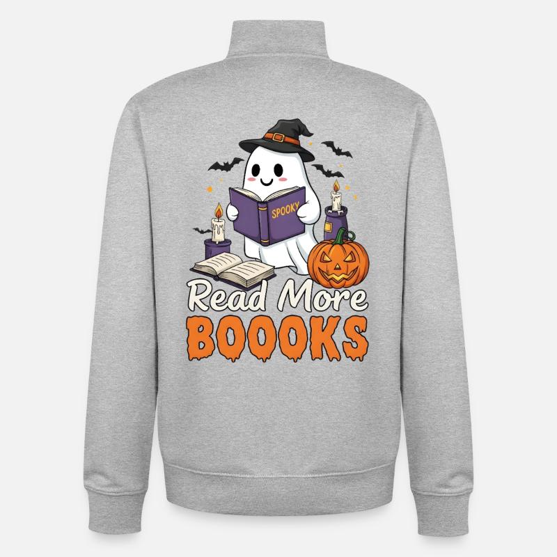 Fantôme - Lire plus de livres - Halloween - Sweat zippé unisexe en coton bio Stanley/Stella - gris chiné