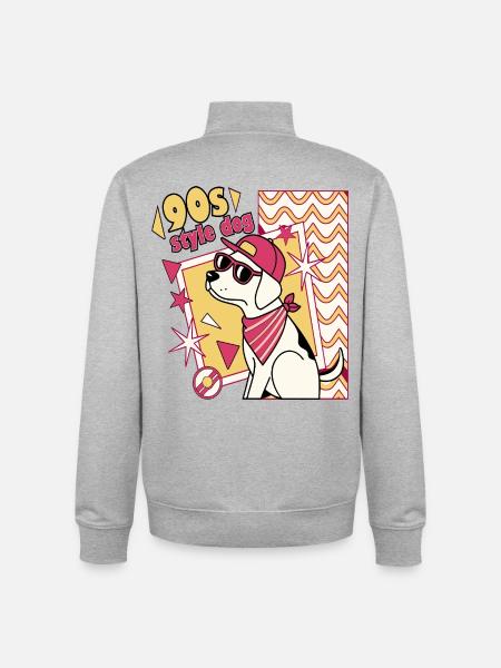 Retro 90s Dog in Sunglasses - Unisex Organic Zip Sweatshirt by Stanley/Stella - heather grey
