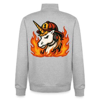 Flammender Einhorn-Feuerwehrmann - Unisex Organic Zip Sweatshirt von Stanley/Stella - Grau meliert - Hinten - AI Model Male 185 light (185cm)