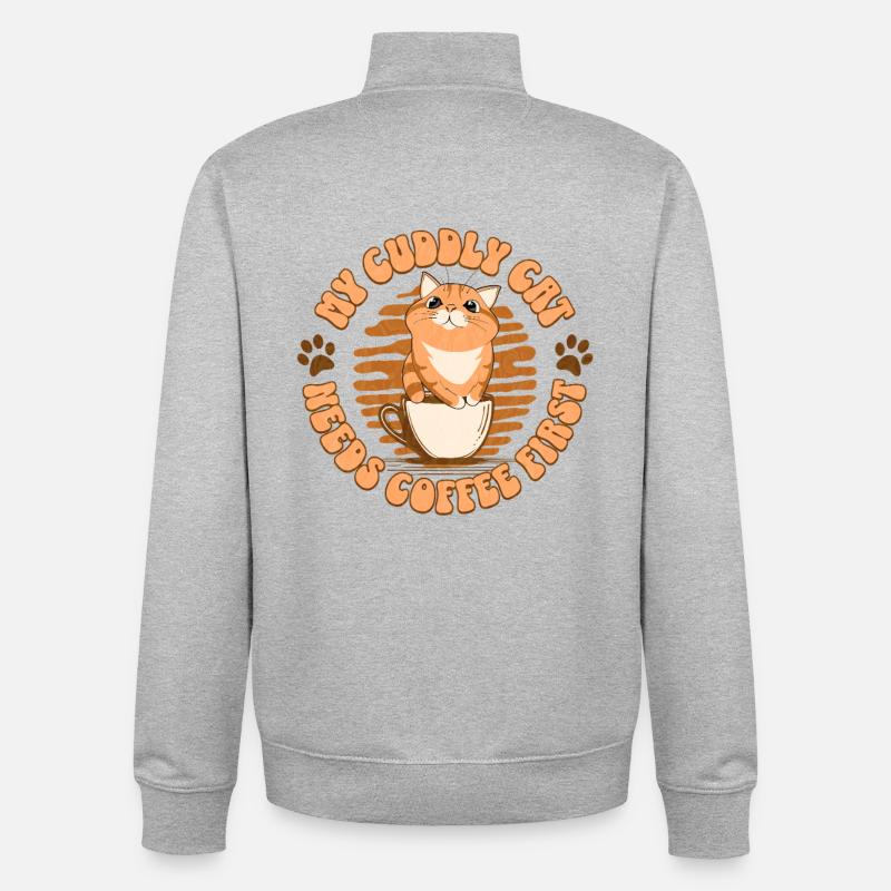 My Cuddly Cat - Needs Coffee First - Unisex Organic Zip Sweatshirt by Stanley/Stella - heather grey