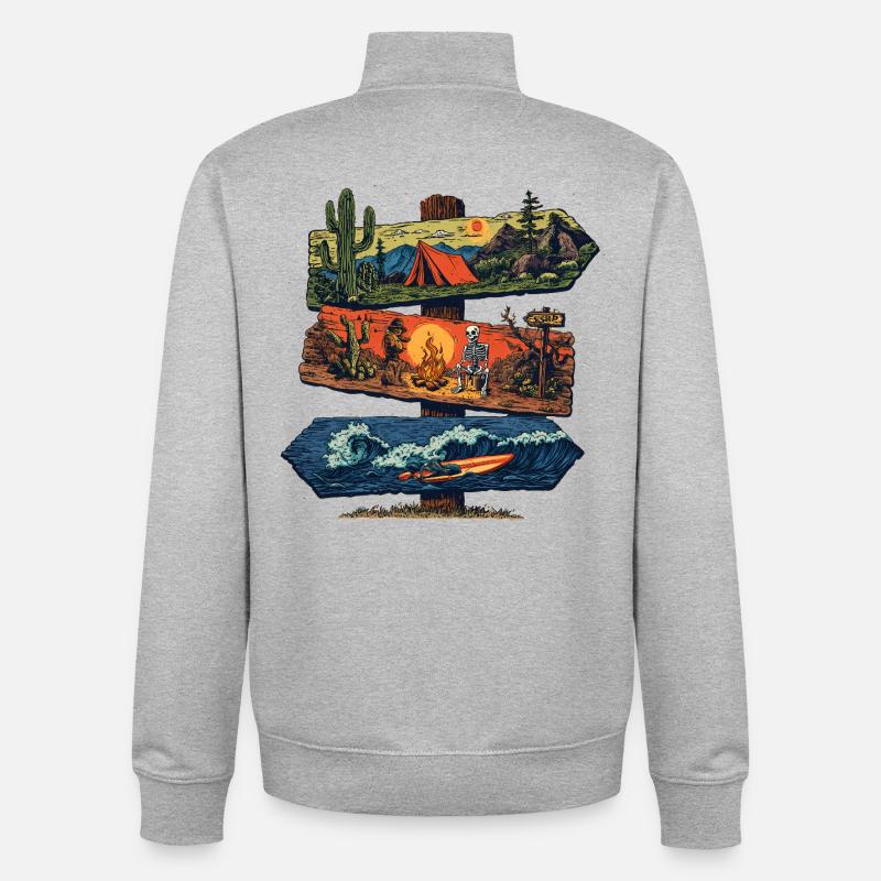 Panneau d’aventure – Camping, désert et vagues - Sweat zippé unisexe en coton bio Stanley/Stella - gris chiné