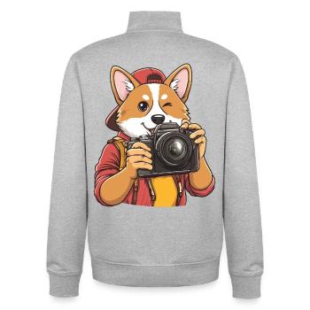 Photographe Corgi drôle et cool avec appareil photo - Sweat zippé unisexe en coton bio Stanley/Stella - gris chiné - Dos - AI Model Male 185 light (185cm)