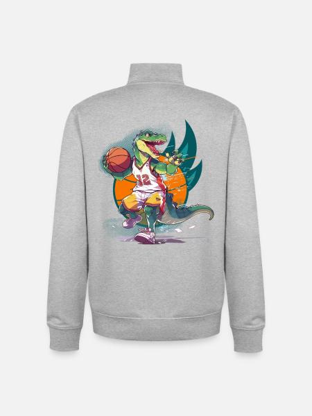 Basketball Dinosaur T-Rex Basketball Player - Unisex Organic Zip Sweatshirt by Stanley/Stella - heather grey