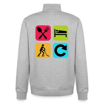 Essen, schlafen, Hockey wiederholen, lustiges Zitat, Puck wiederholen - Unisex Organic Zip Sweatshirt von Stanley/Stella - Grau meliert - Hinten - AI Model Male 185 light (185cm)