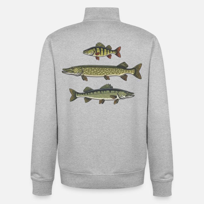 Perche, brochet, zander, pêche, pêche - Sweat zippé unisexe en coton bio Stanley/Stella - gris chiné
