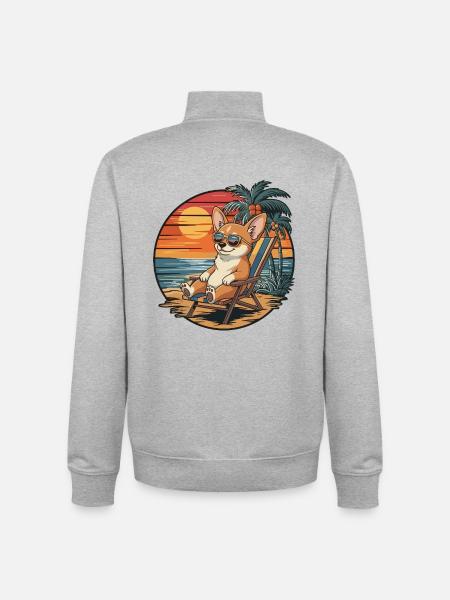 Funny Chihuahua Dog on Beach Summer Sunset - Unisex Organic Zip Sweatshirt by Stanley/Stella - heather grey