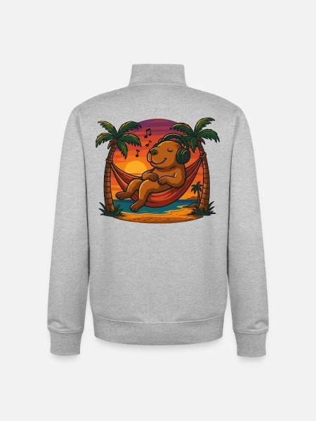 Relaxing Capybara Hammock Sunset Music Headphones - Unisex Organic Zip Sweatshirt by Stanley/Stella - heather grey