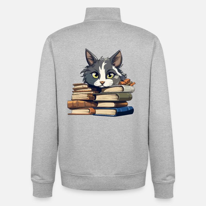 Book Stack Cat Bibliophile - Unisex Organic Zip Sweatshirt by Stanley/Stella - heather grey