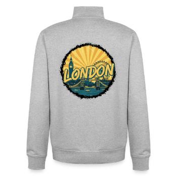 London City Skyline Tower Bridge Retro Badge - Unisex Organic Zip Sweatshirt by Stanley/Stella - heather grey - Back - AI Model Male 185 light (185cm)