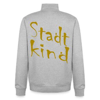Lettres manuscrites en or de City Child - Sweat zippé unisexe en coton bio Stanley/Stella - gris chiné - Dos - AI Model Male 185 light (185cm)
