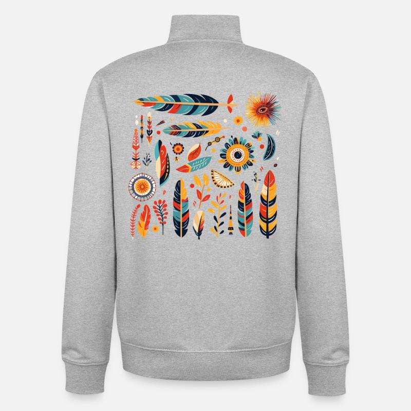 Motif de plumes et fleurs bohèmes - Sweat zippé unisexe en coton bio Stanley/Stella - gris chiné