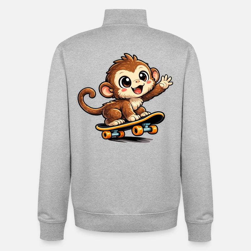 Dessin animé Skate Monkey - Sweat zippé unisexe en coton bio Stanley/Stella - gris chiné