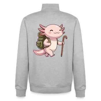 Cute Hiking Axolotl Fish Trekking Art - Unisex Organic Zip Sweatshirt by Stanley/Stella - heather grey - Back - AI Model Male 185 light (185cm)