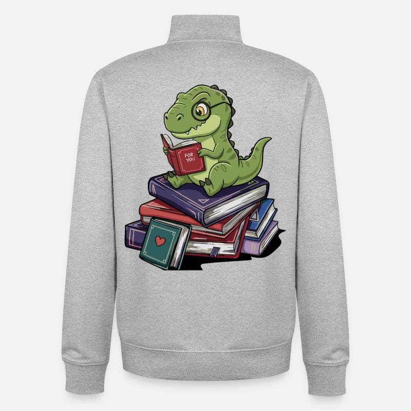 T-Rex Dinosaure Lecture de livres Art - Sweat zippé unisexe en coton bio Stanley/Stella - gris chiné