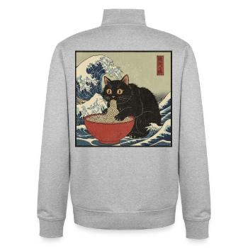 Japan Cat Ramen Noodles Retro Wave Pattern - Unisex Organic Zip Sweatshirt by Stanley/Stella - heather grey - Back - AI Model Male 185 light (185cm)