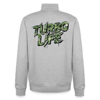 Turbo Life – Déclaration de la culture du camouflage automobile - Sweat zippé unisexe en coton bio Stanley/Stella - gris chiné - Dos - AI Model Male 185 light (185cm)