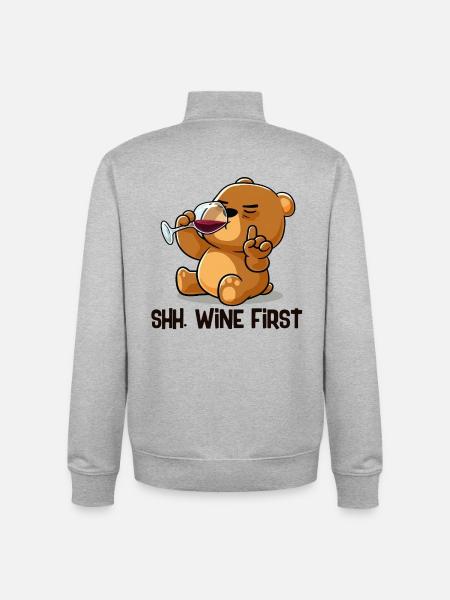 Shh Wine First Bear Drinks Wine - Unisex Organic Zip Sweatshirt by Stanley/Stella - heather grey
