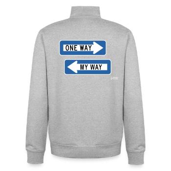 Duo de signes One Way vs My Way - Sweat zippé unisexe en coton bio Stanley/Stella - gris chiné - Dos - AI Model Male 185 light (185cm)