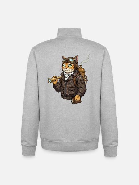 Chat Aviateur Steampunk Explorateur Curiosité - Sweat zippé unisexe en coton bio Stanley/Stella - gris chiné