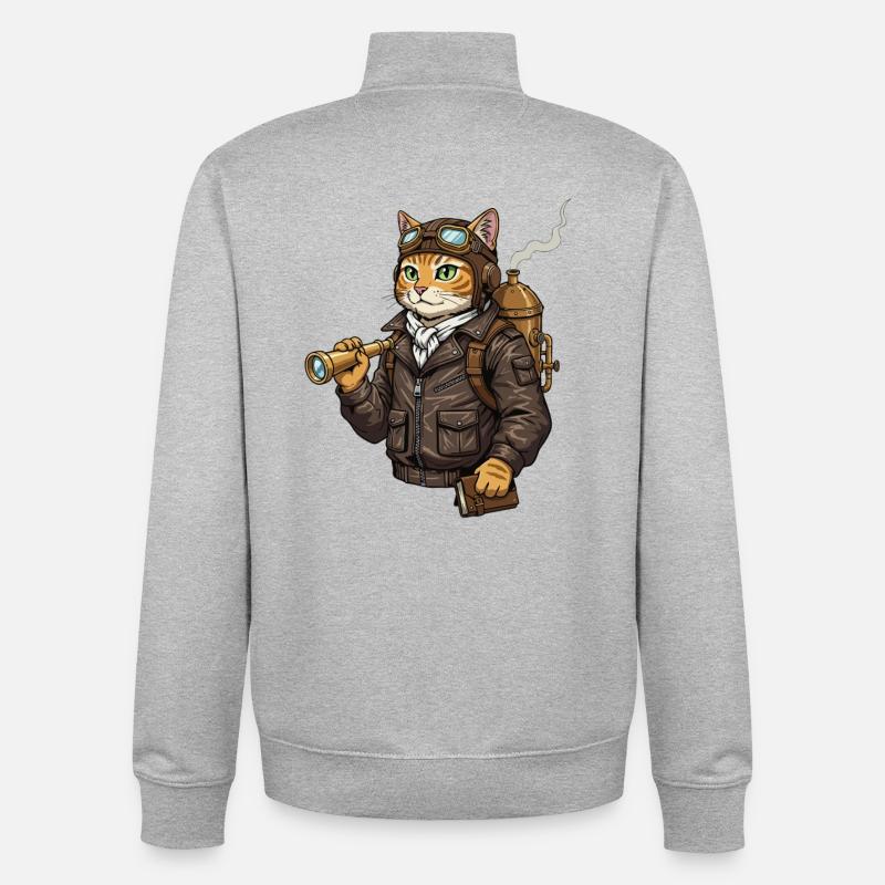 Chat Aviateur Steampunk Explorateur Curiosité - Sweat zippé unisexe en coton bio Stanley/Stella - gris chiné