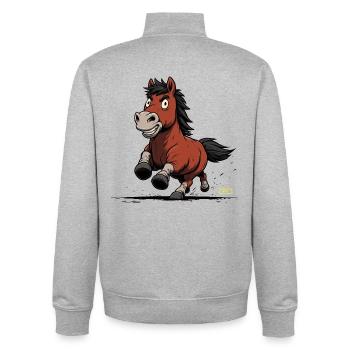 Caricature du poney qui court - Sweat zippé unisexe en coton bio Stanley/Stella - gris chiné - Dos - AI Model Male 185 light (185cm)