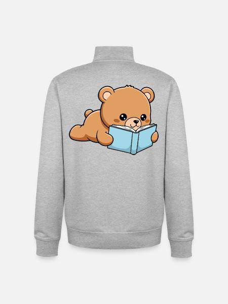 Book Bear Funny Bear reading Book - Unisex Organic Zip Sweatshirt by Stanley/Stella - heather grey