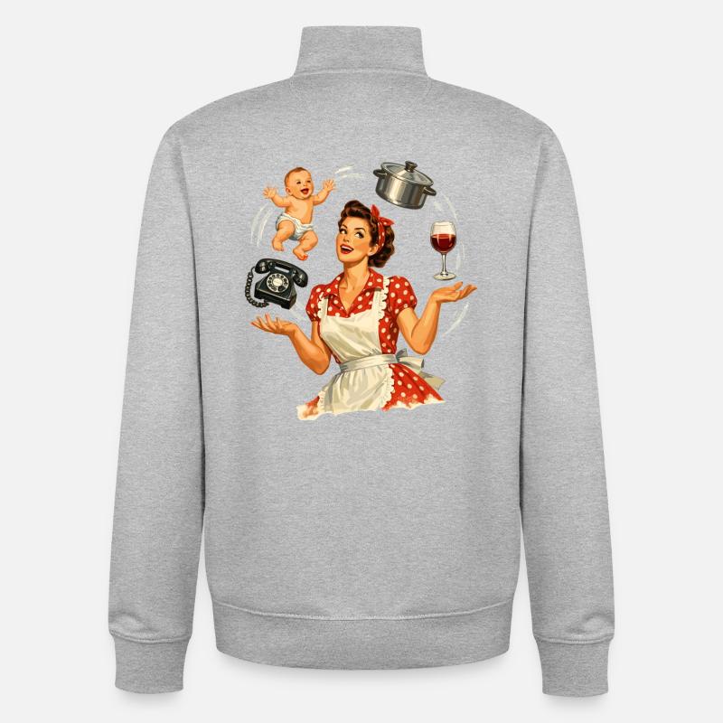 Retro Pin-Up Mom – Multitasking Illustration - Unisex Organic Zip Sweatshirt by Stanley/Stella - heather grey