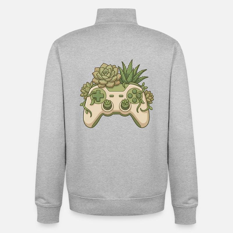 Succulent Controller - Cute Gaming Sticker - Unisex Organic Zip Sweatshirt by Stanley/Stella - heather grey