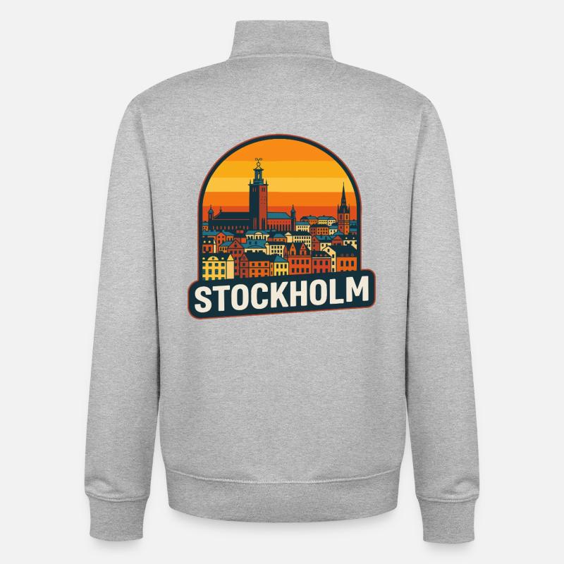 Stockholm Suède Retro Sunset Skyline Design - Sweat zippé unisexe en coton bio Stanley/Stella - gris chiné