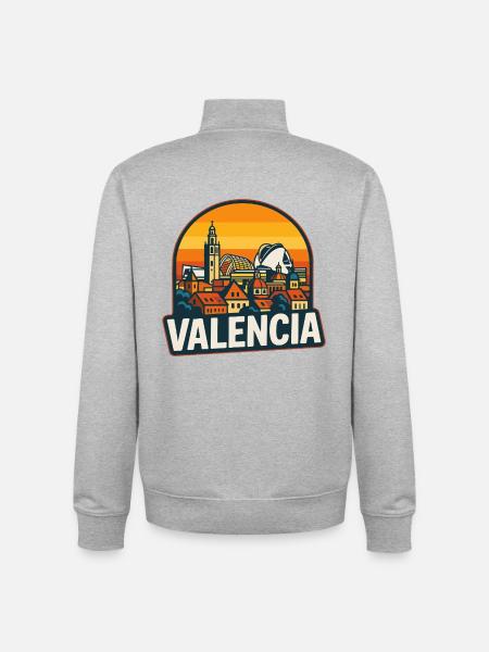 Valencia Spain Retro Sunset Skyline Design - Unisex Organic Zip Sweatshirt by Stanley/Stella - heather grey