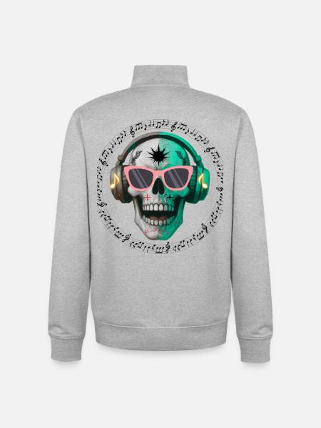 Kranium med hovedtelefon og solbriller t-shirt design - Stanley/Stella unisex sweatshirt med lynlås i økologisk - grå meleret