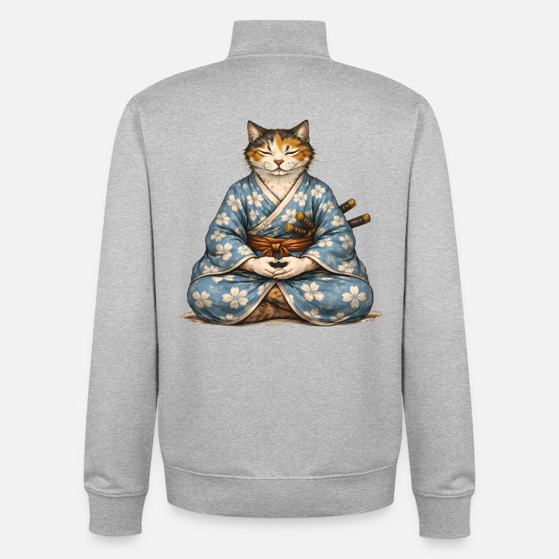 Kimono de méditation Zen Samurai Cat - Sweat zippé unisexe en coton bio Stanley/Stella - gris chiné