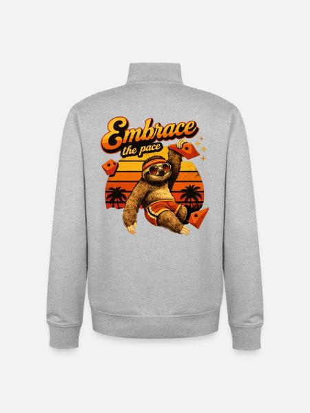 Retro Sloth: Embrace the Pace – Bouldering Sloth - Unisex Organic Zip Sweatshirt by Stanley/Stella - heather grey