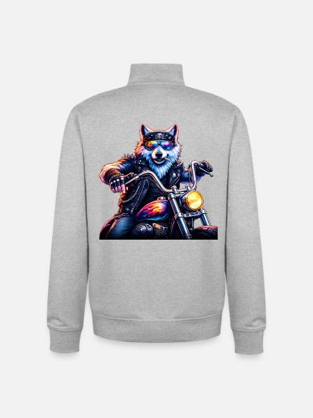 Neon Biker Wolf Motorcycle Animal - Unisex Organic Zip Sweatshirt by Stanley/Stella - heather grey