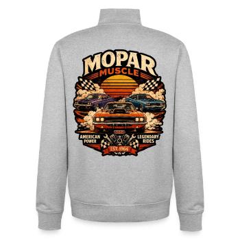 Mopar Muscle Retro Sunset Power Voiture américaine - Sweat zippé unisexe en coton bio Stanley/Stella - gris chiné - Dos - AI Model Male 185 light (185cm)