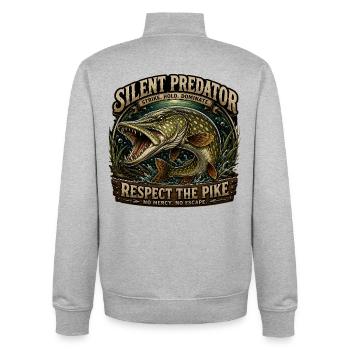 Silent Predator – Aggressive Pike Fishing Design - Unisex Organic Zip Sweatshirt by Stanley/Stella - heather grey - Back - AI Model Male 185 light (185cm)