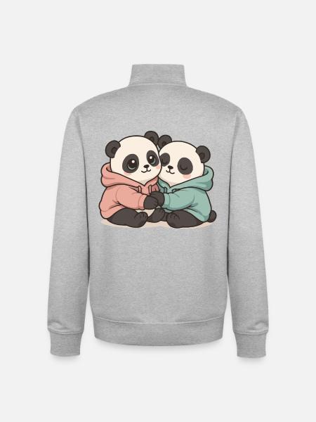 Cuddling Pandas: Kawaii Pastel Graphic - Unisex Organic Zip Sweatshirt by Stanley/Stella - heather grey