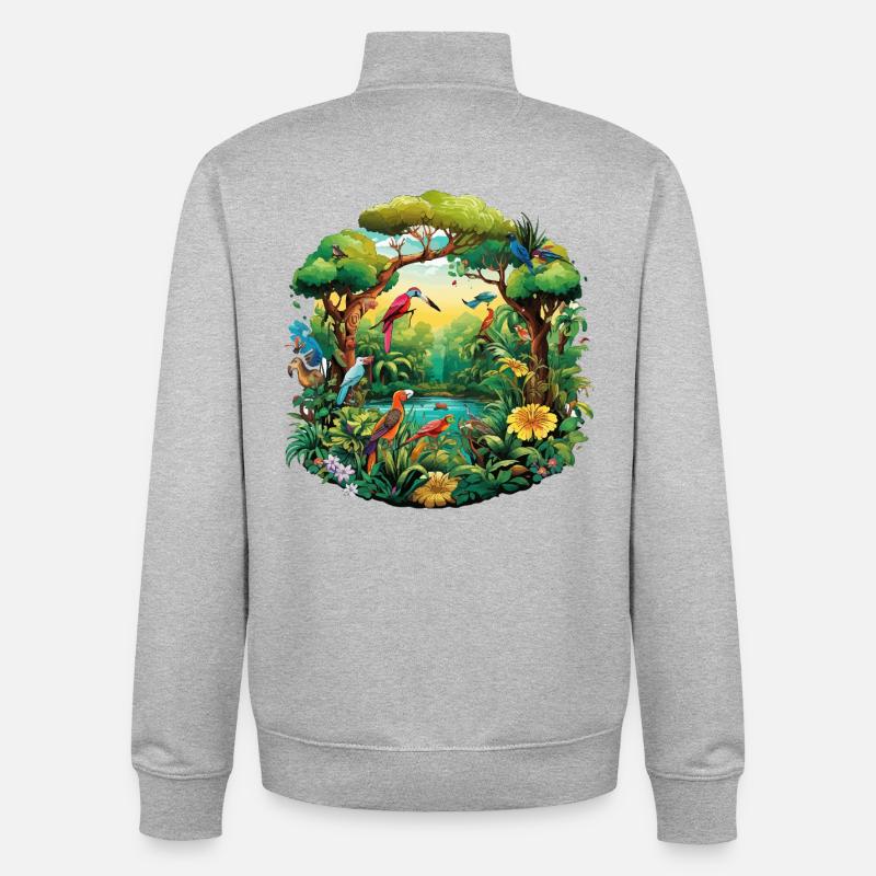Vibrant Jungle Bird Parade - Unisex Organic Zip Sweatshirt by Stanley/Stella - heather grey